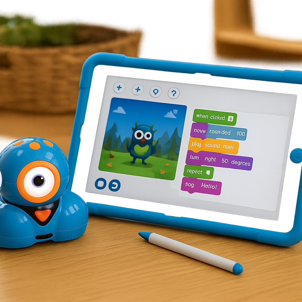 Child-friendly coding tablet with block-based programming and a small robot toy at Edina Daycare Spanish Immersion, introducing early technology skills.