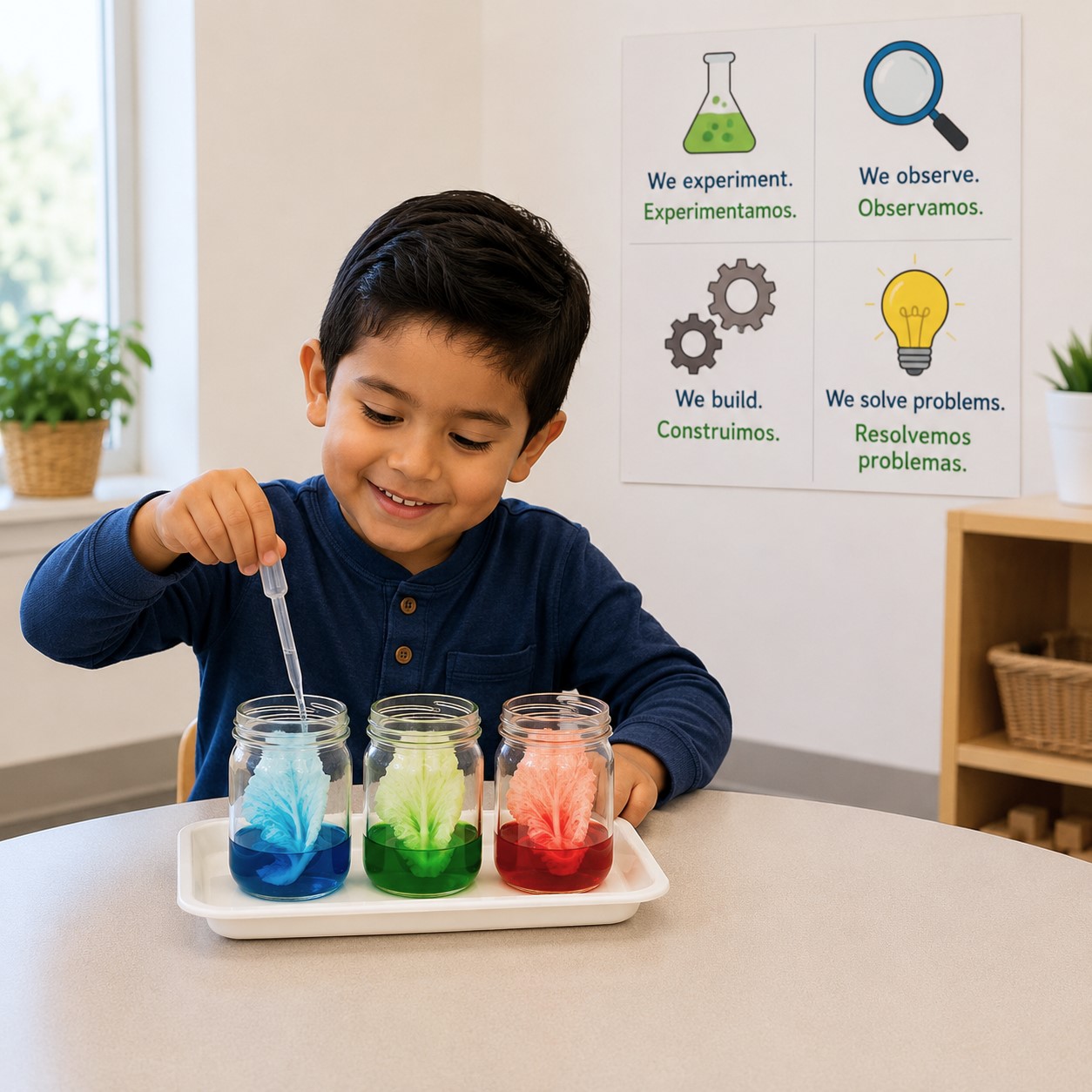 Child conducting a simple color-mixing experiment with jars while a STEM poster displays English and Spanish vocabulary at Edina Daycare Spanish Immersion.