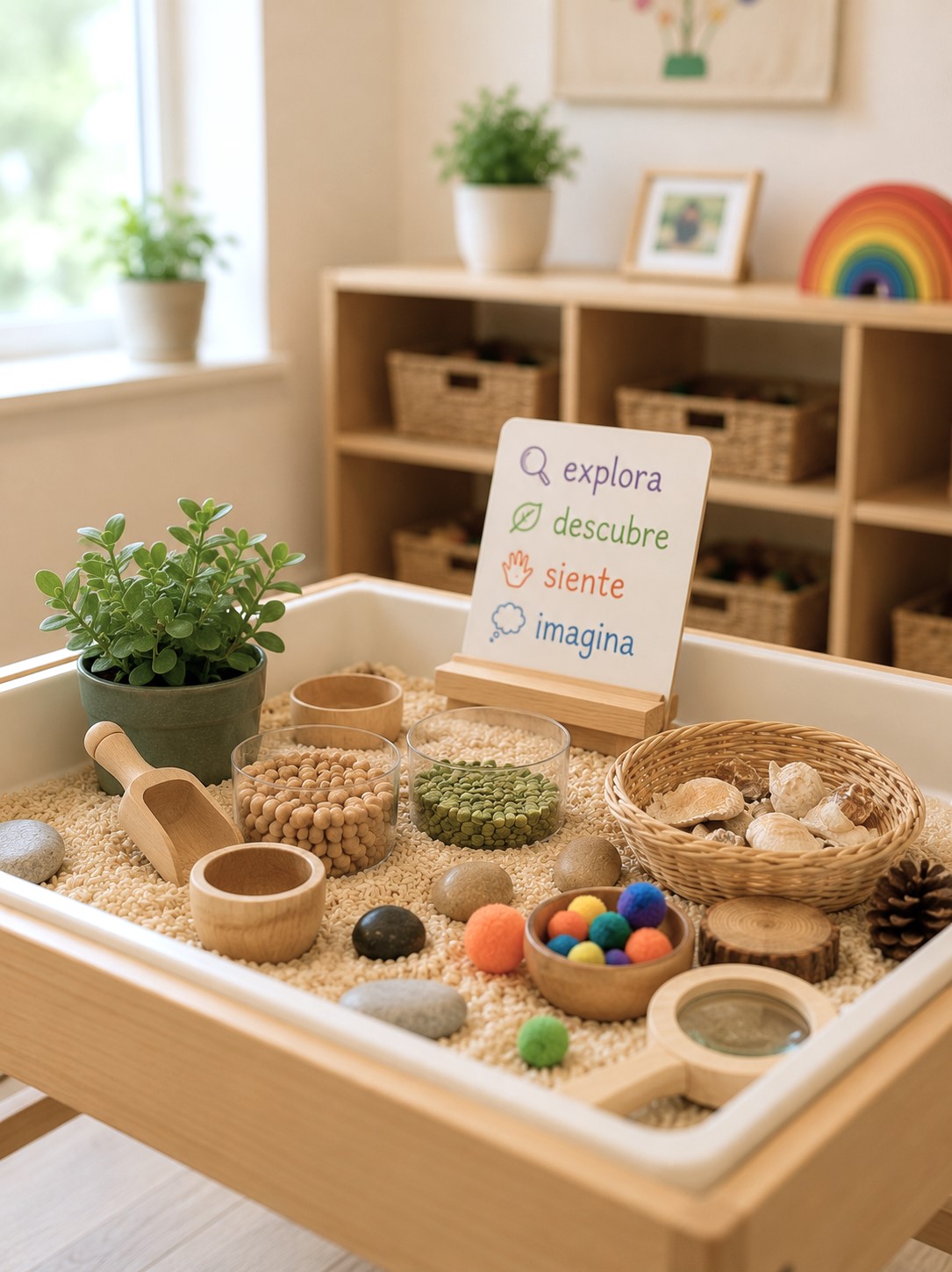 Sensory table with natural materials, scoops, and textured items alongside Spanish words for exploration and discovery at Edina Daycare, supporting hands-on enrichment and sensory learning.