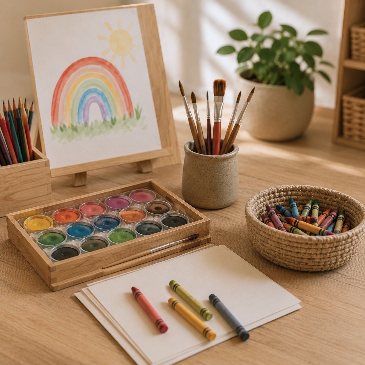 Art station with watercolor paints, brushes, crayons, and a rainbow painting setup at Edina Daycare, encouraging creativity and self-expression.