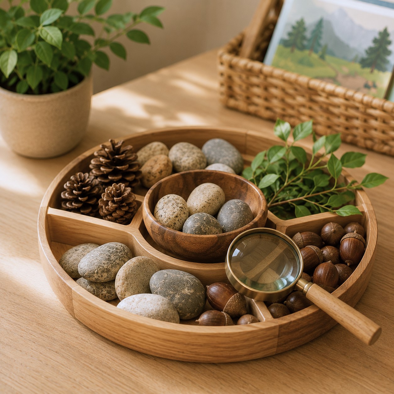 Tray of natural materials including stones, pinecones, acorns, leaves, and a magnifying glass at Edina Daycare, supporting sensory exploration and discovery.