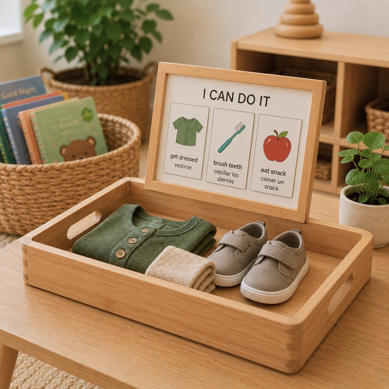 Self-care activity tray with clothing, shoes, and visual routine cards at Edina Daycare, supporting independence and daily life skills.
