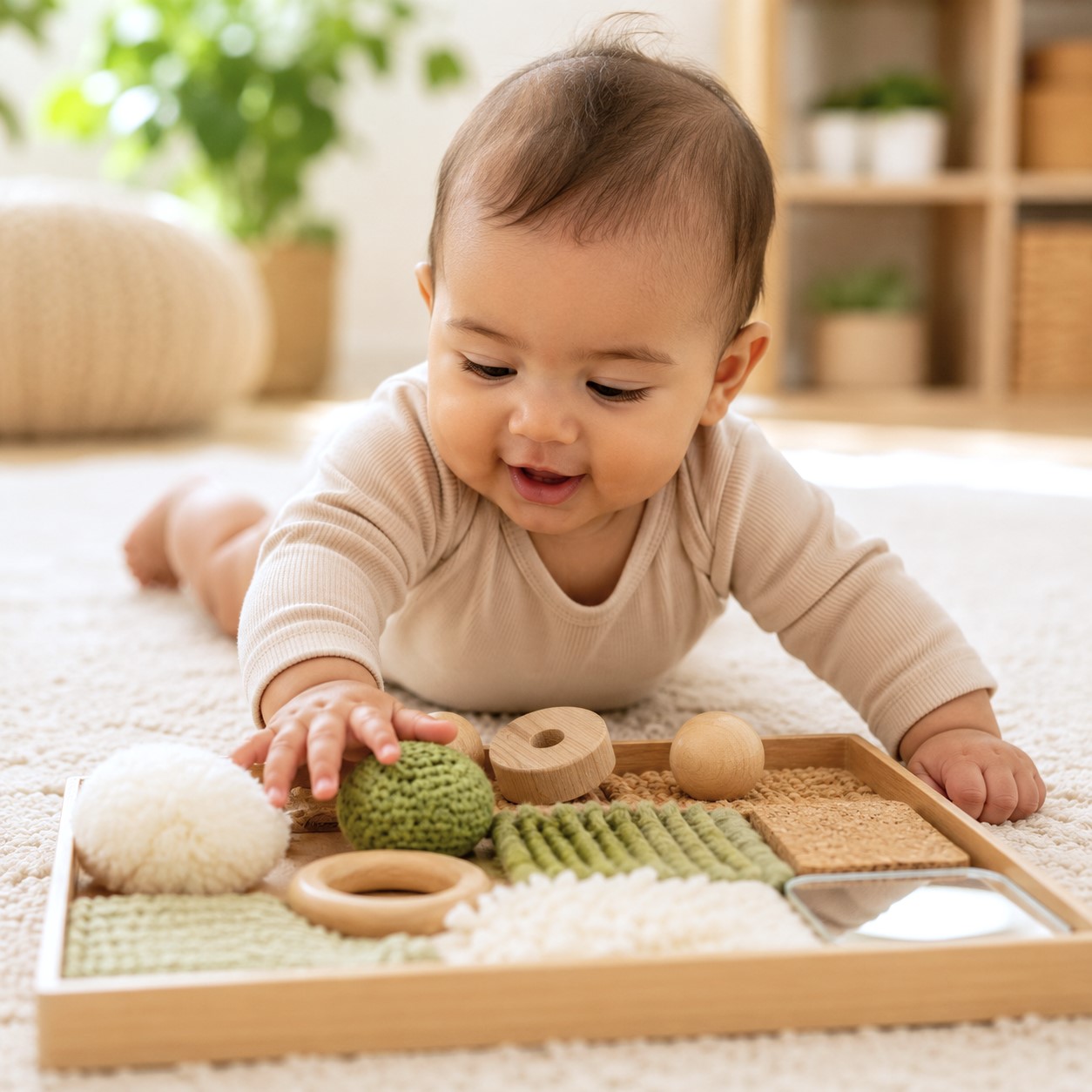 Infant exploring a sensory tray with soft textures, wooden toys, and a mirror at Edina Daycare, supporting early sensory development.
