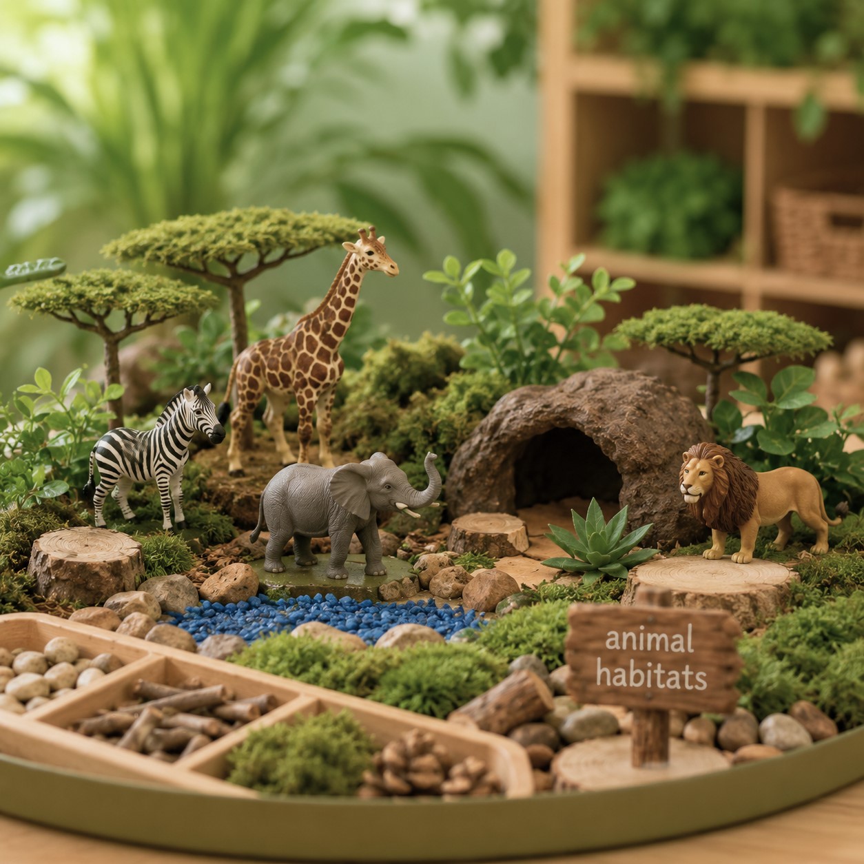 Safari-themed sensory play setup with animal figurines, natural materials, and a model habitat at Edina Daycare, encouraging imaginative exploration and discovery of animal environments.