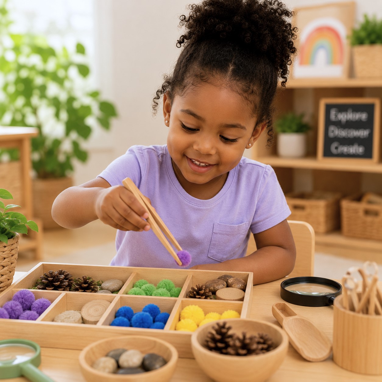 Child using tongs to sort colorful sensory materials and natural objects at Edina Daycare, building fine motor and exploration skills.