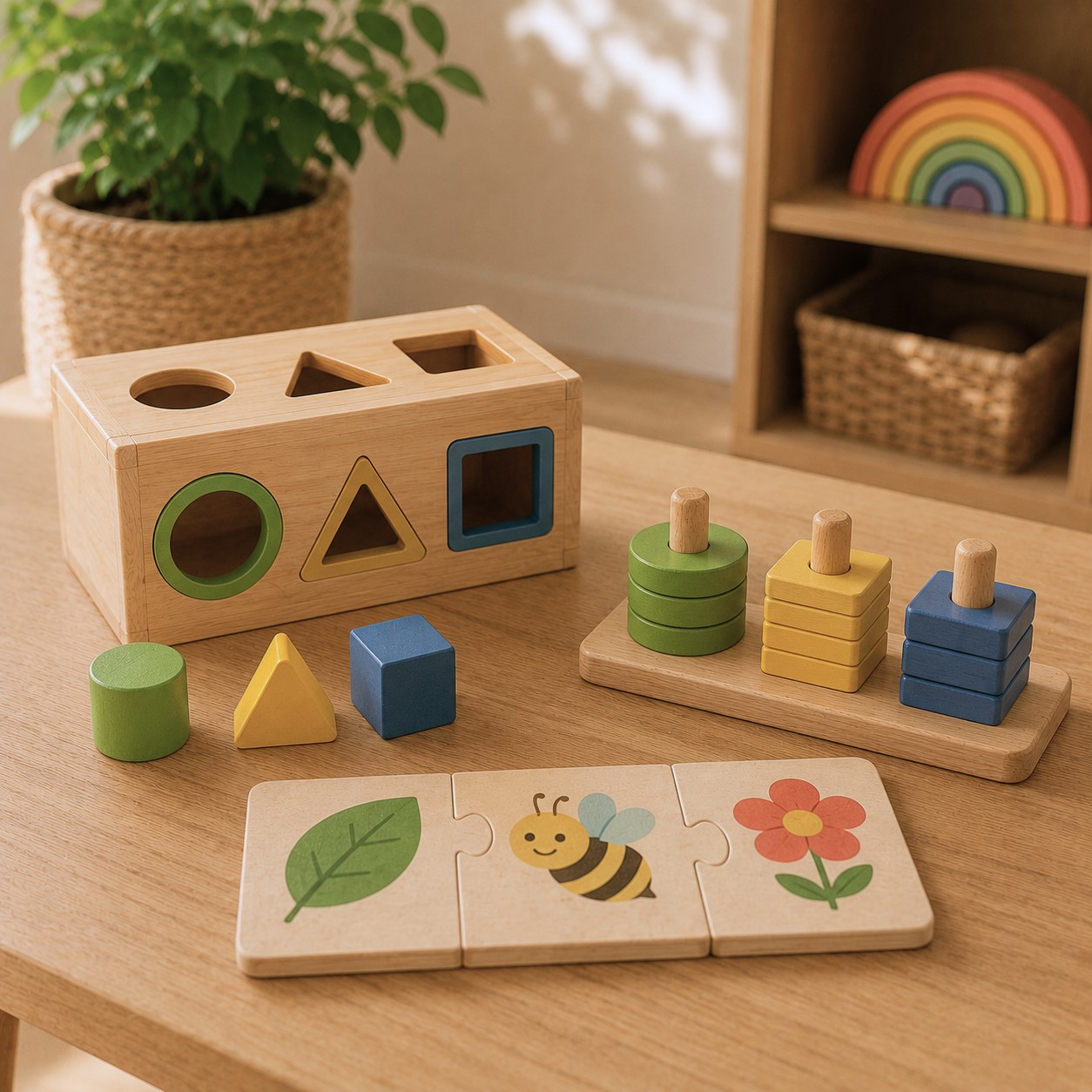 Wooden shape sorter, stacking toys, and puzzles at Edina Daycare, encouraging problem-solving and hands-on learning.