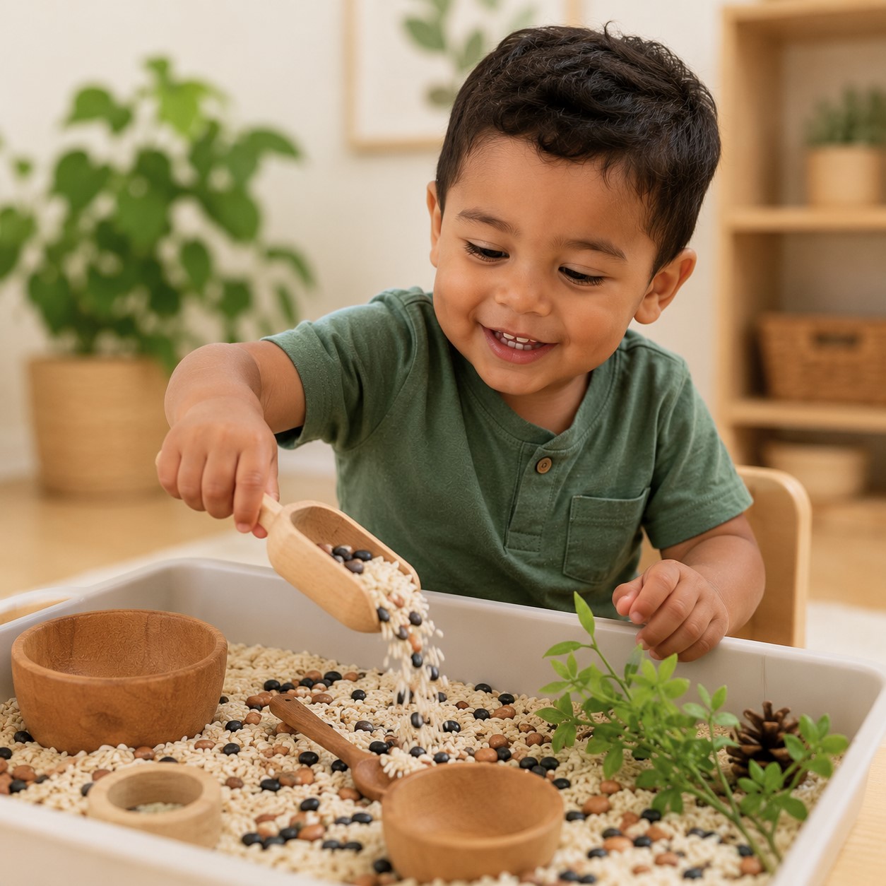 Child scooping and pouring grains in a sensory bin at Edina Daycare, encouraging hands-on play and early problem-solving.