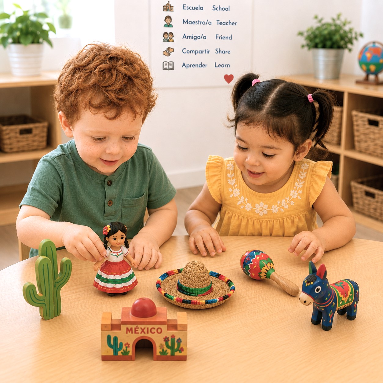 Two toddler children play with toys from Mexico as part of a Spanish immersion and cultural learning activity at Edina Daycare.
