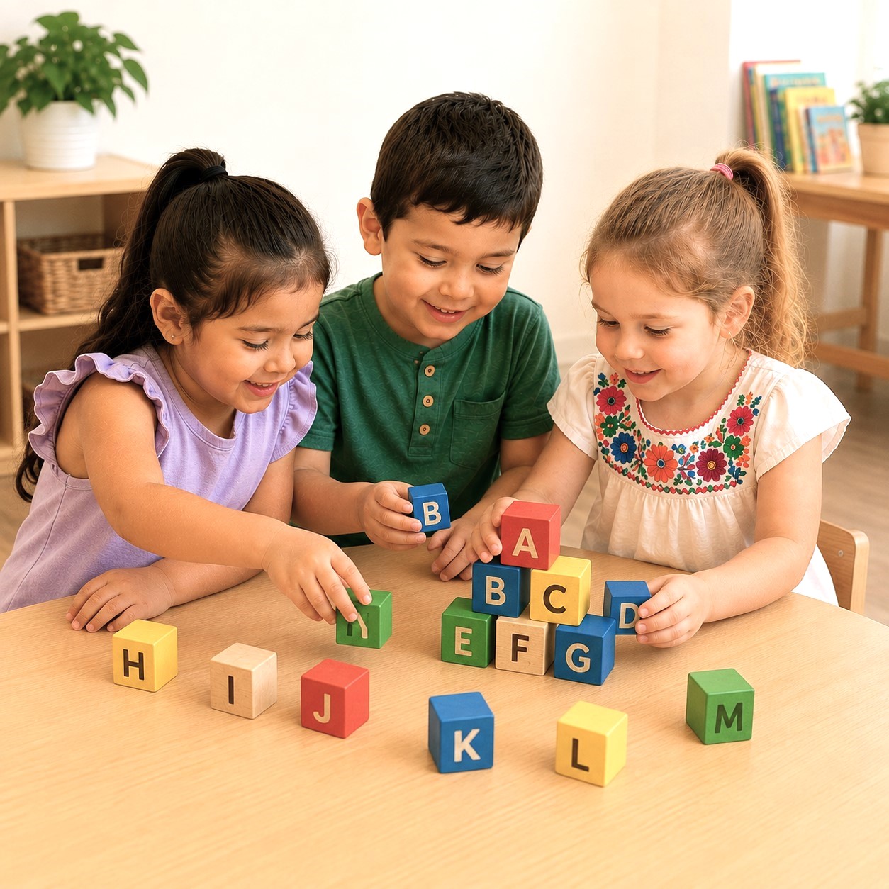 Preschool children playing with alphabet blocks. Preschool children playing with alphabet blocks during a hands-on learning activity at Edina Daycare.
