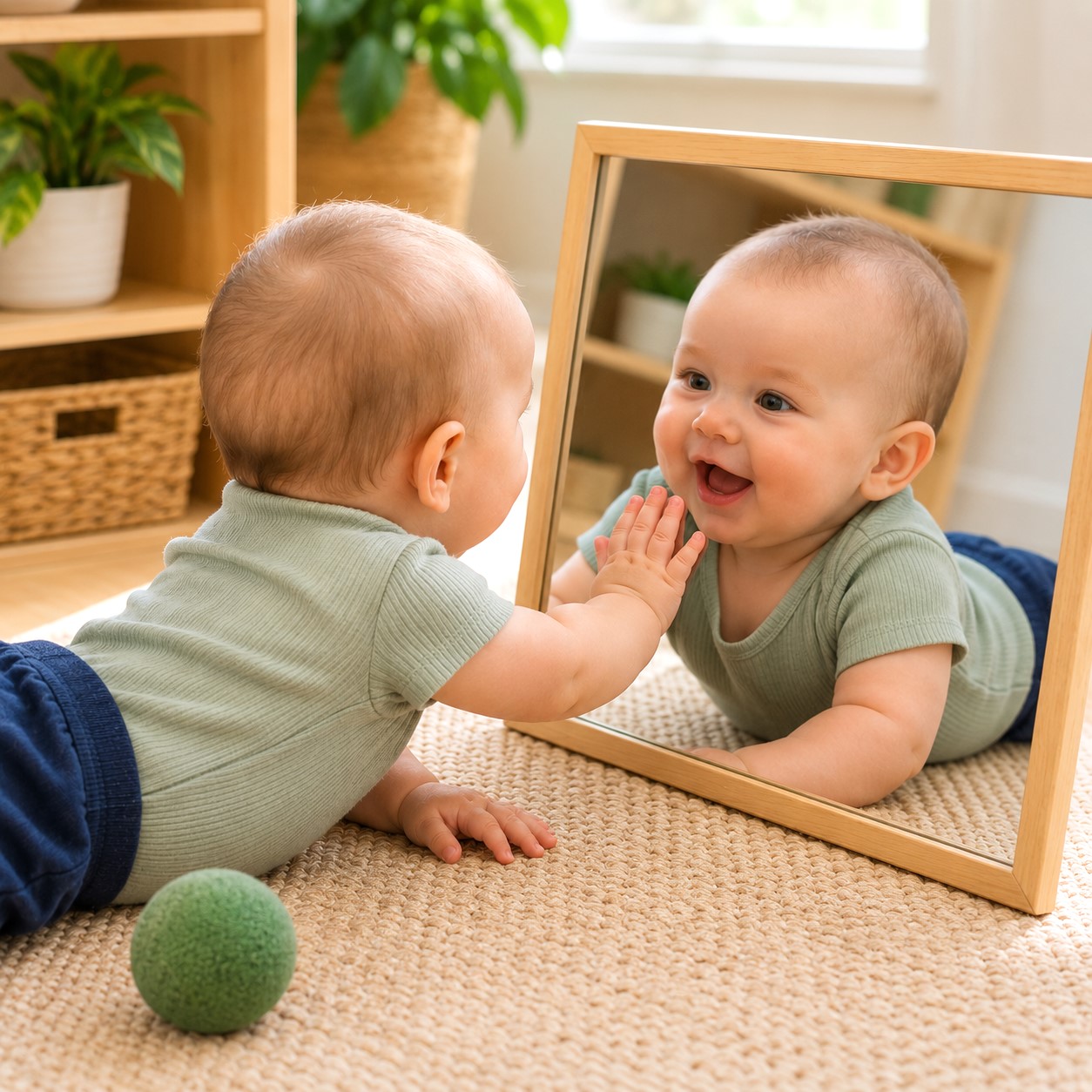 Infant exploring their reflection in a mirror. Infant exploring their reflection in a mirror during a Reggio-inspired learning activity at Edina Daycare.