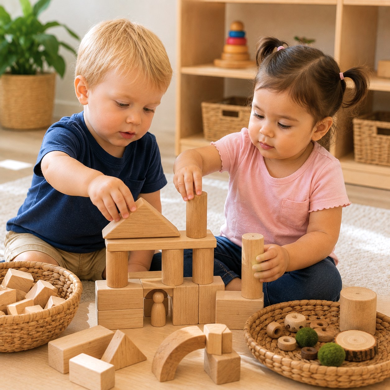 Two toddlers building with wooden blocks during a hands-on STEM learning activity at Edina Daycare.