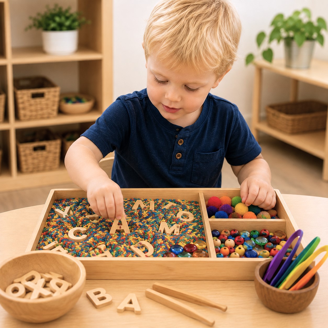 Preschool child exploring letters, colors and textures through a hands-on sensory activity at Edina Daycare.