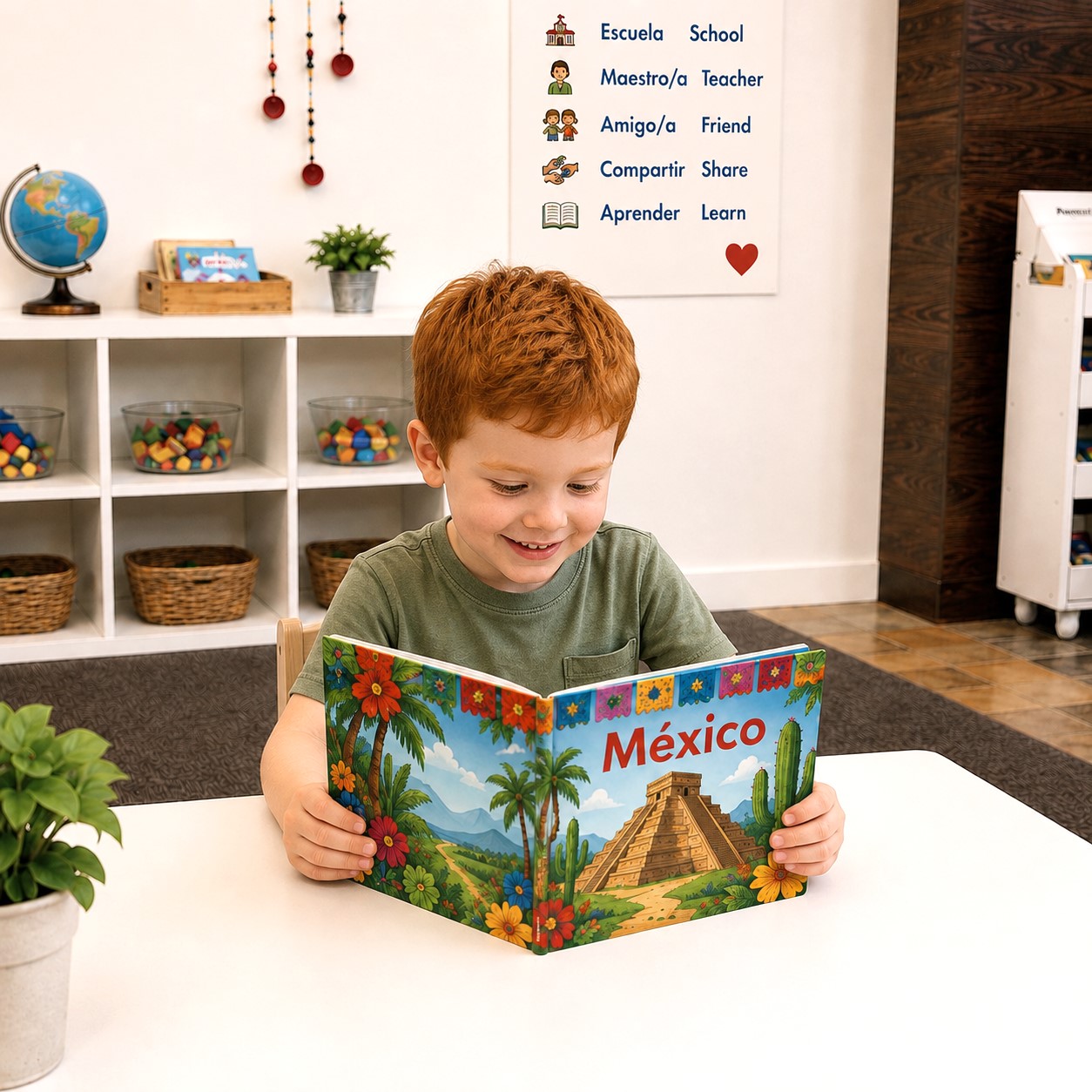 Preschool child reading a Spanish children's book about Mexico. Preschool child reading a Spanish children's book about Mexico in a Spanish immersion classroom at Edina Daycare.