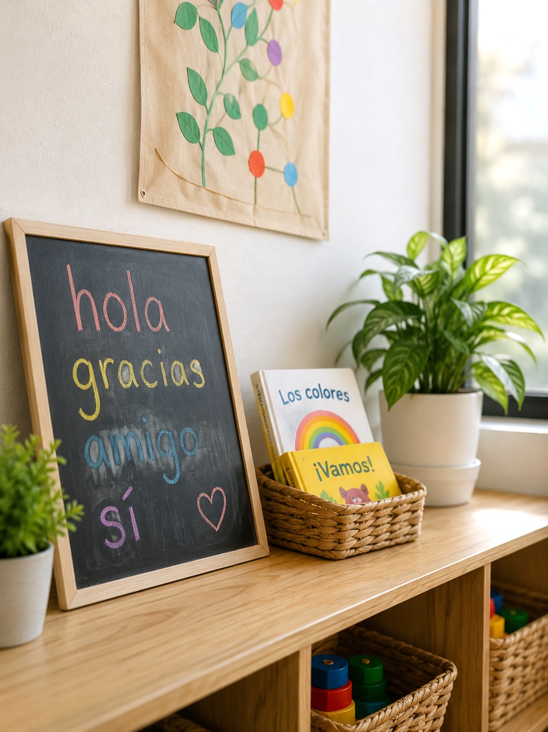 Classroom display with Spanish words on a chalkboard and children’s books in Spanish at Edina Daycare, highlighting language learning through Spanish immersion.
