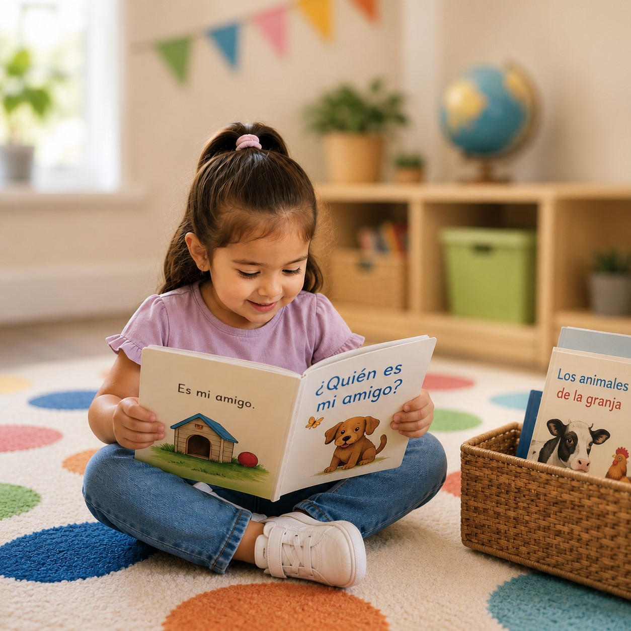 Child engaged in Spanish-language story time at Edina Daycare, building early literacy skills through immersive, play-based language learning.