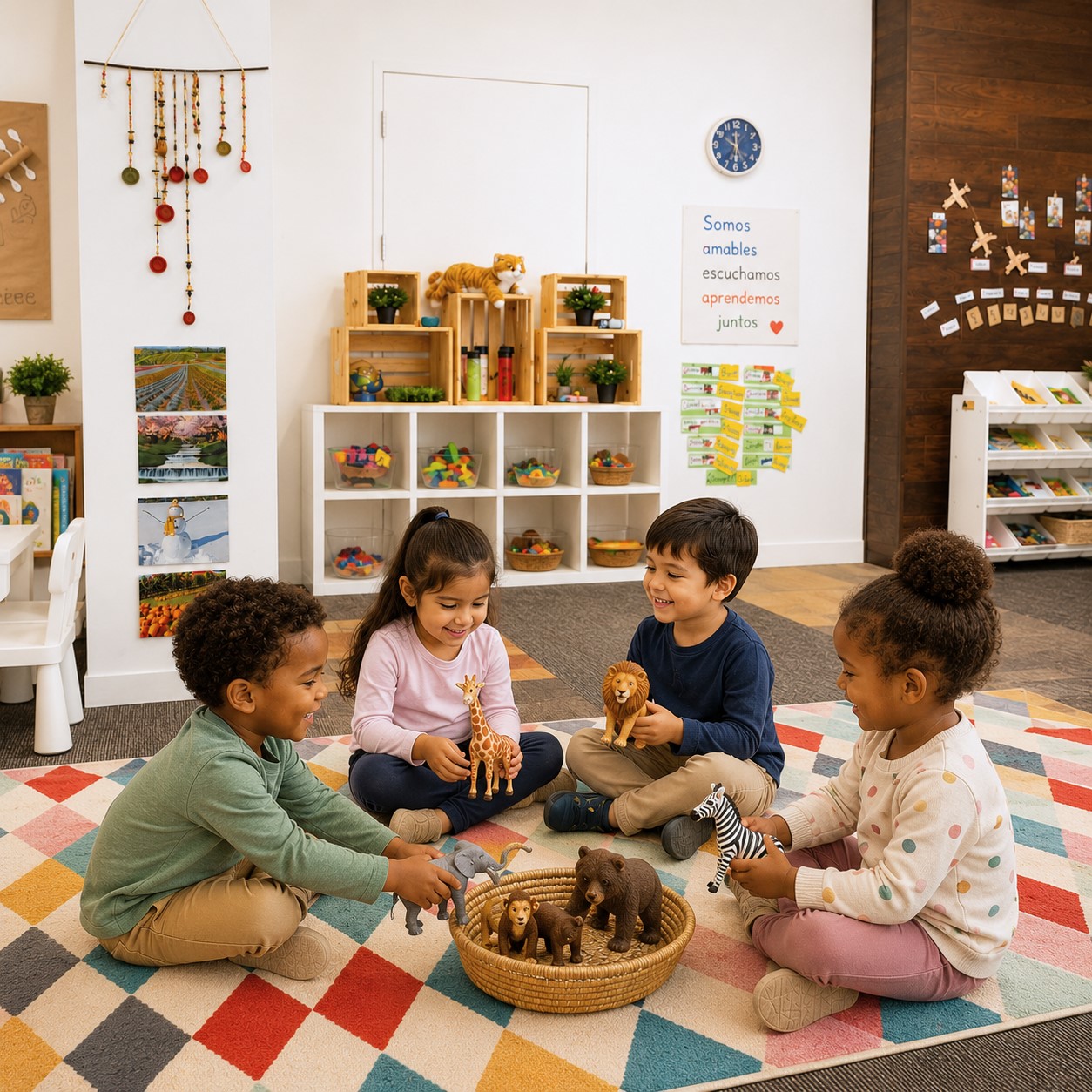 Preschool children explore zoo animal vocabulary through hands-on play in a bright Spanish immersion classroom at Edina Daycare.
