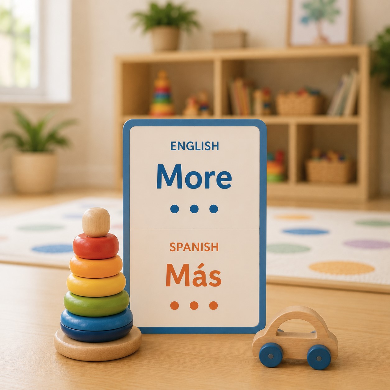 Toddlers build everyday communication skills through Spanish immersion, learning words like “More” and “Más” through play and interaction.