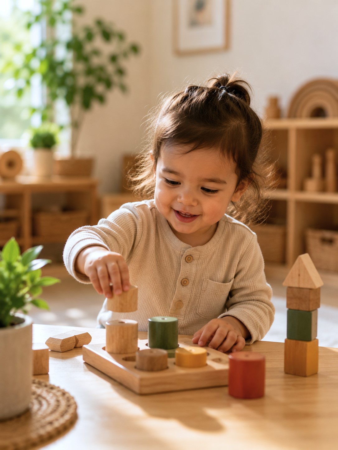 Child placing wooden shapes into a sorting board at Edina Daycare, supporting toddler development through hands-on play, problem-solving, and early learning skills.
