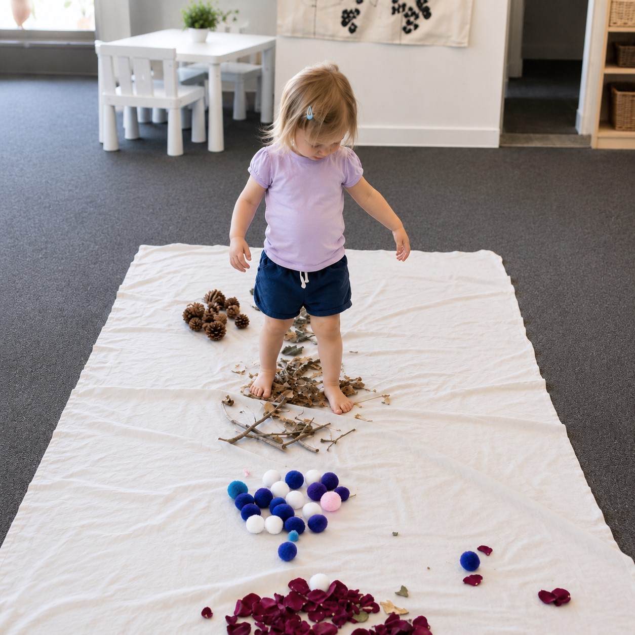 Toddler engaged in hands-on sensory play, exploring natural materials like leaves, sticks, pinecones, and soft objects on a mat, encouraging curiosity, creativity, and learning through active play at Edina Daycare.
