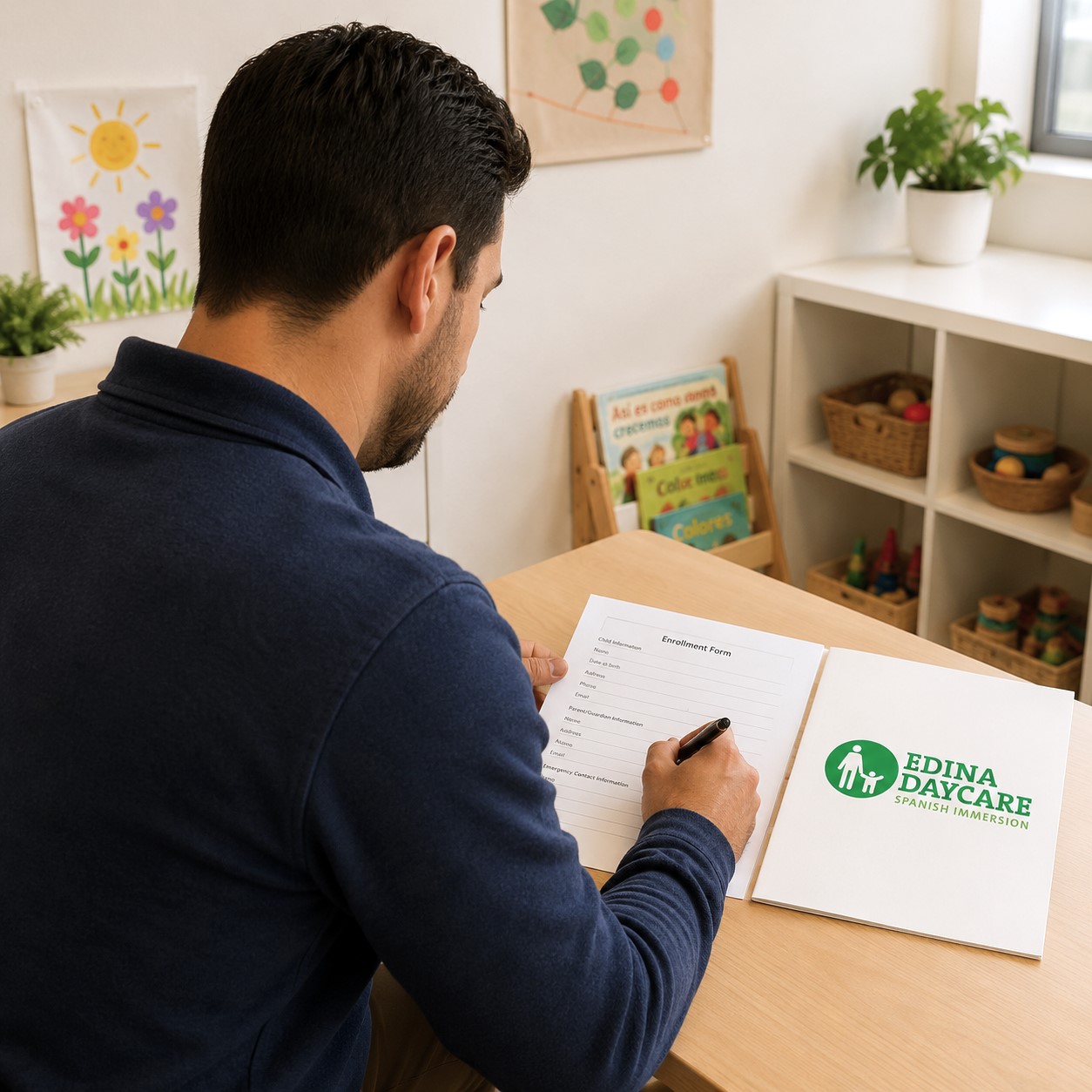 Parent completing enrollment paperwork at Edina Daycare, with program materials and classroom environment visible.