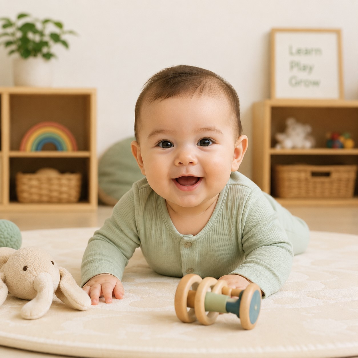 Infant playing with soft toys on a mat in a calm, nurturing classroom environment at Edina Daycare.