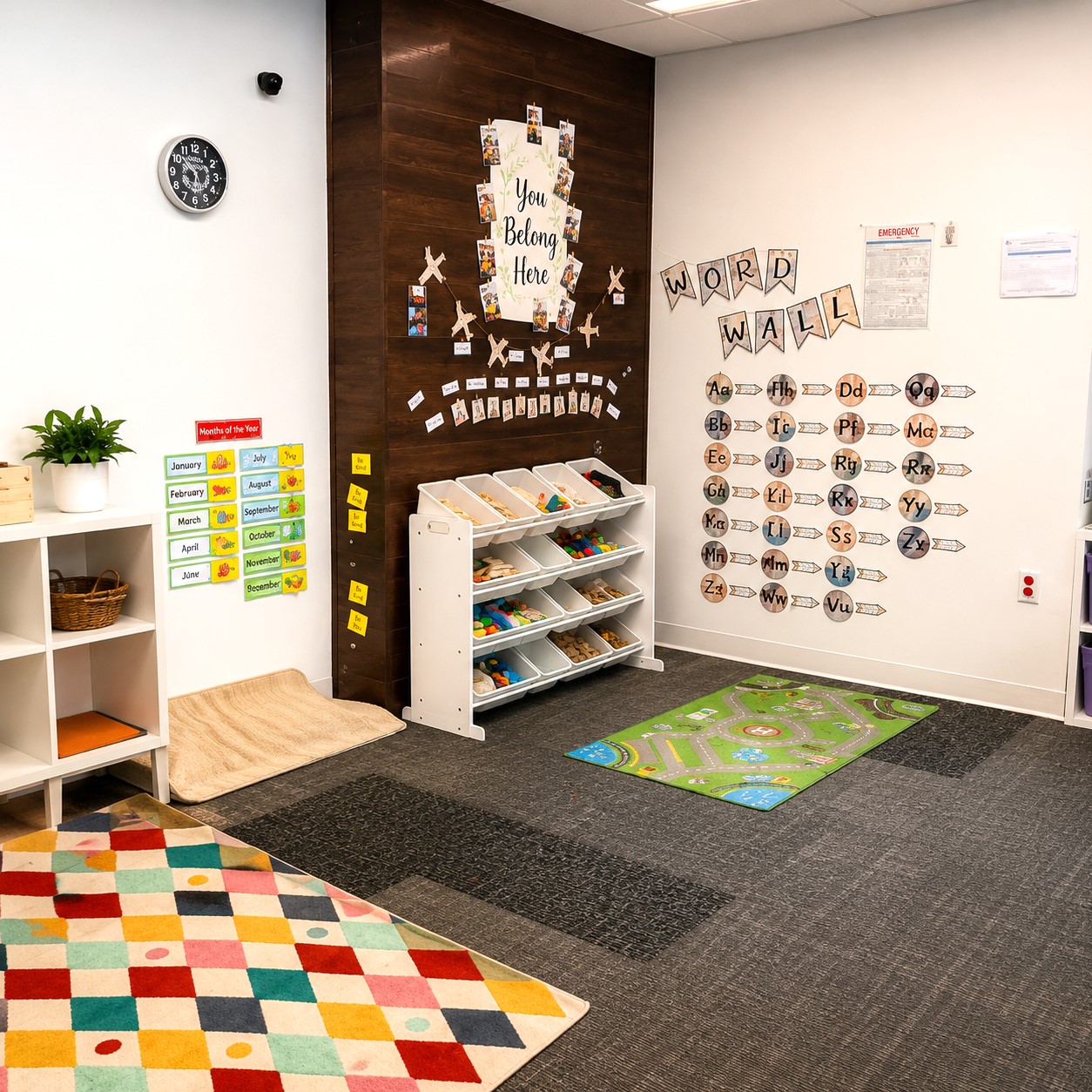 Organized classroom learning space with hands-on activity stations, word wall, and sensory materials at Edina Daycare, supporting early literacy, exploration, and development.