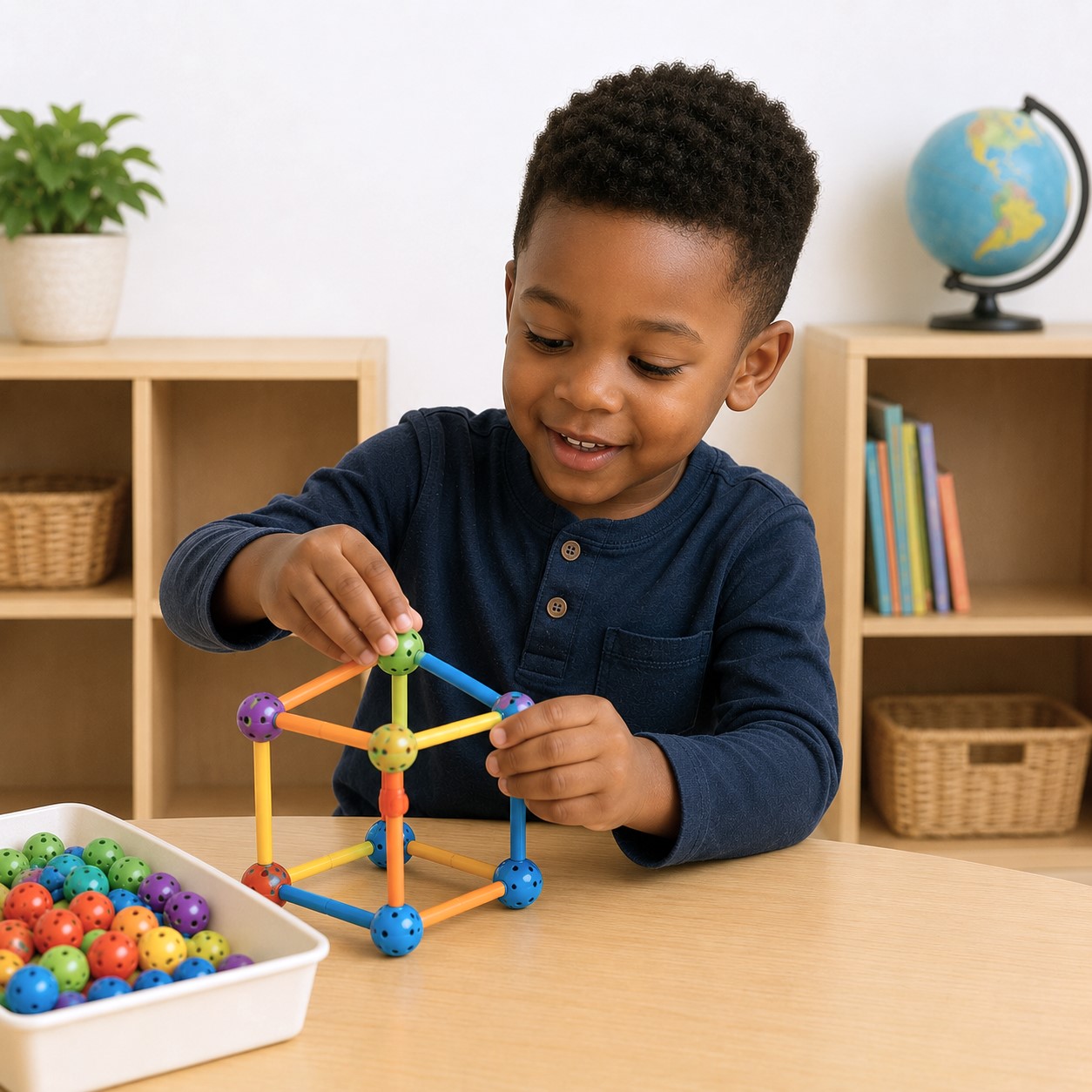 Child drawing with crayons at a table in a bright classroom at Edina Daycare, encouraging creativity and early learning.