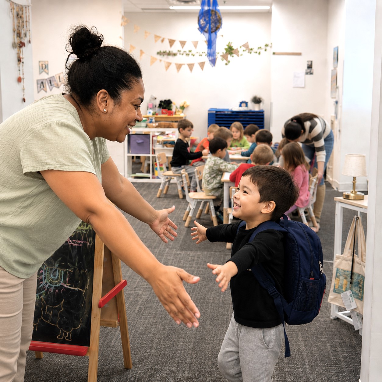 Child arriving at Edina Daycare and being greeted in a welcoming classroom environment with teachers and classmates.