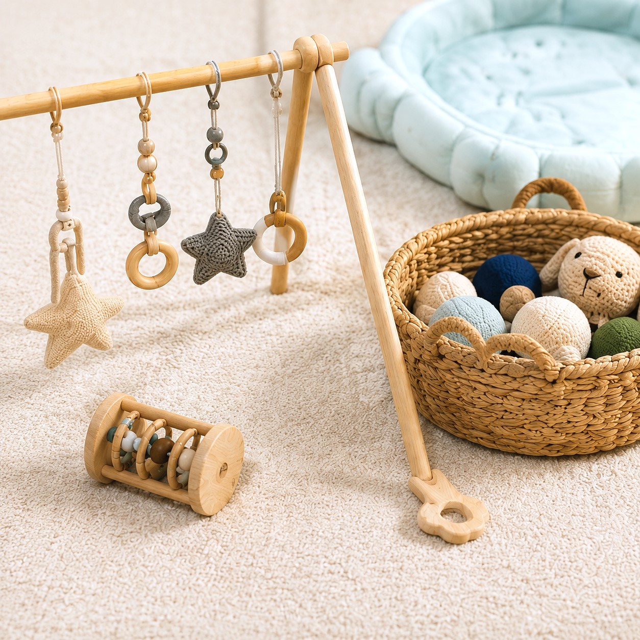 Soft infant play area with wooden baby gym, textured hanging toys, and a basket of plush sensory balls at Edina Daycare, supporting early development and exploration.