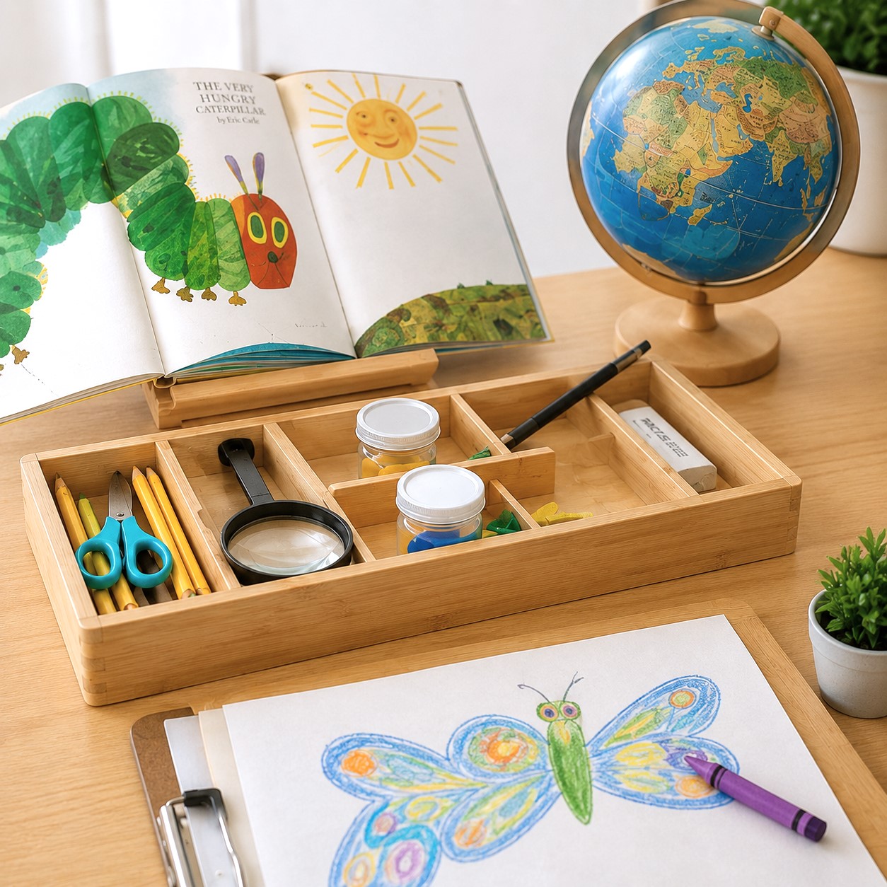 Pre-K learning setup with books, globe, magnifying glass, and drawing materials at Edina Daycare, supporting early literacy, exploration, and kindergarten readiness.