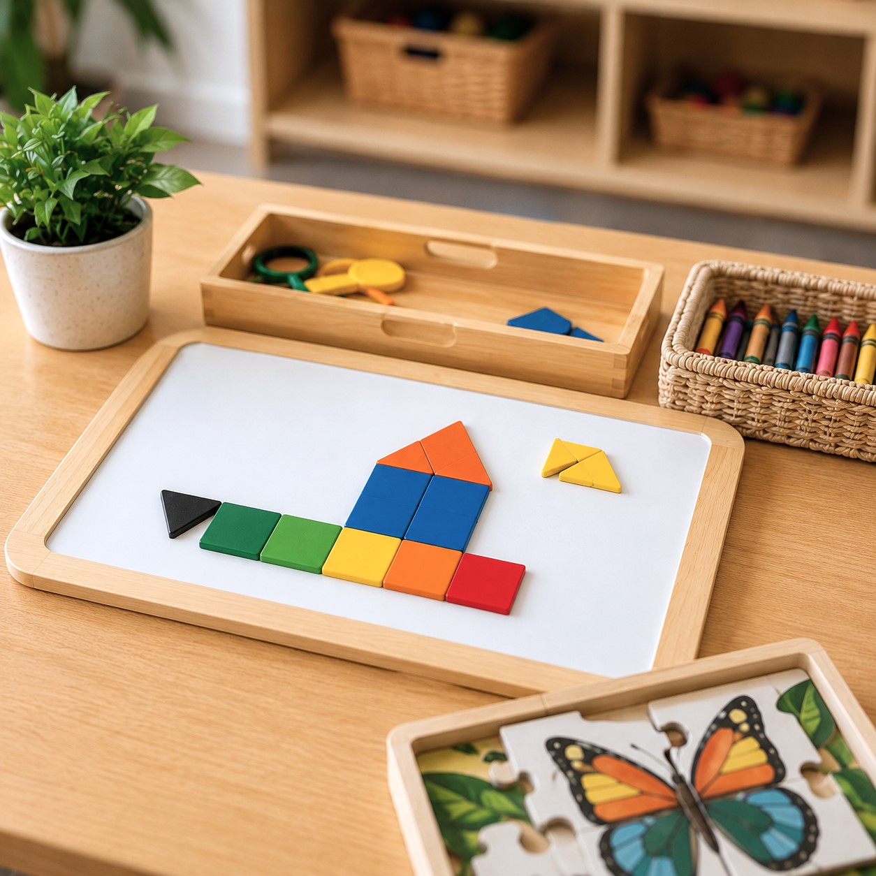 Wooden stacking rings, shape sorter, and organized learning materials at Edina Daycare, supporting fine motor skills, early math concepts, and independent play.