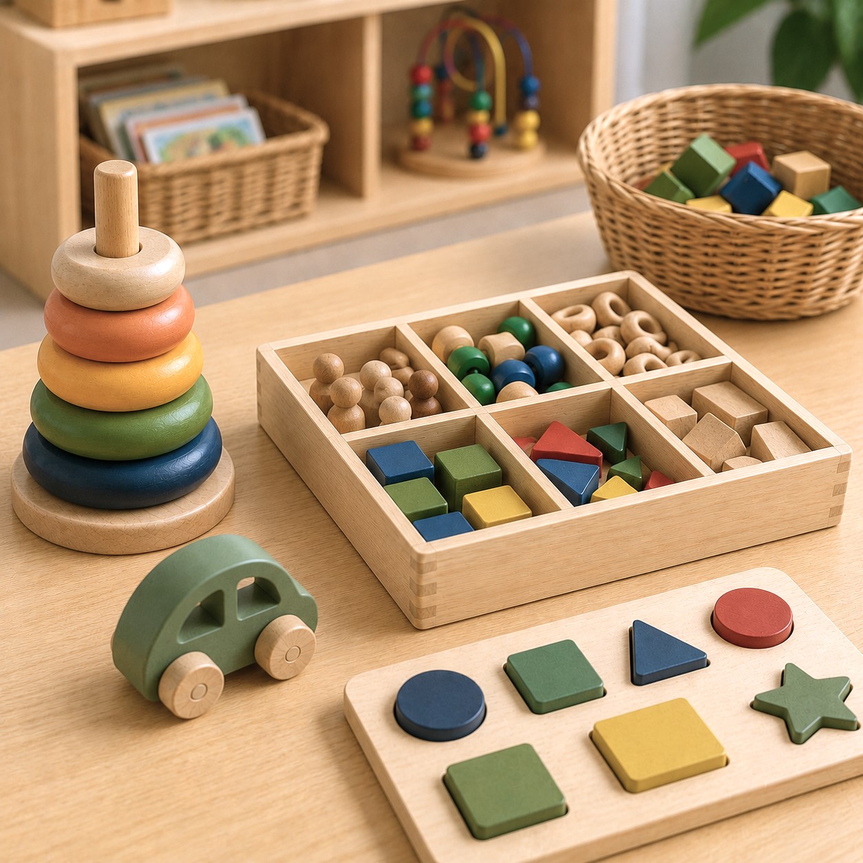 Magnetic tiles arranged on a learning board with puzzle pieces and art materials at Edina Daycare, encouraging hands-on play, creativity, and problem-solving.